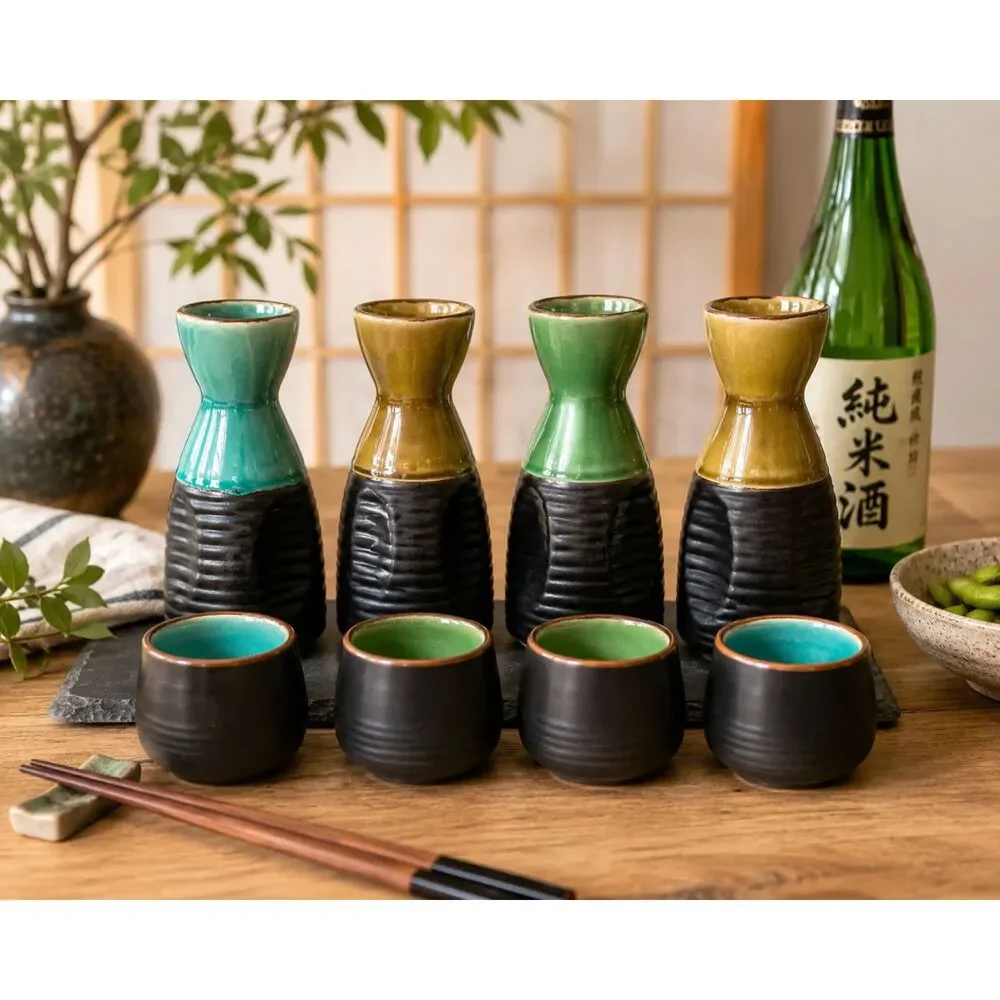 Sake Set 8pc Tokkuri Ochoko Ceramic Multicolor Glaze Japanese Style Gift Set Bar